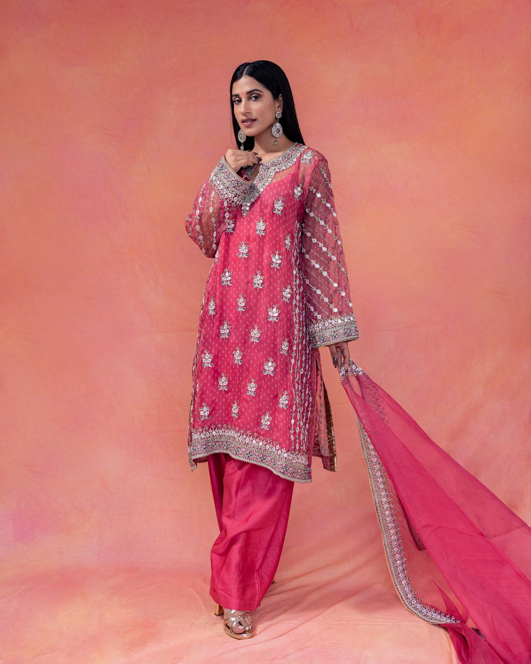 Roshni- Pink Bandhani Choga Set Paired With A Straight Plazzo - NAMEH by Amreen