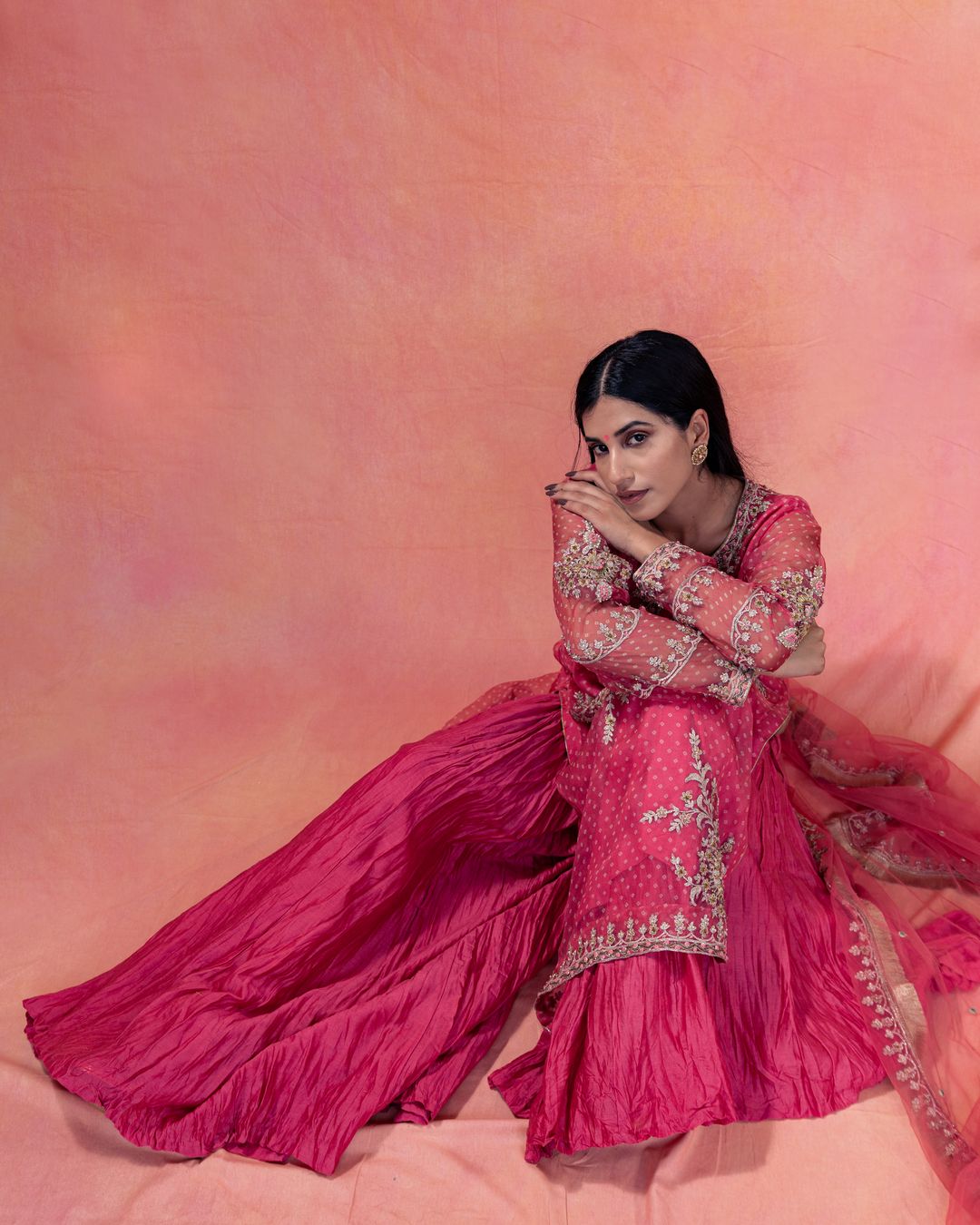 Gulkand- Straight Bandhani Kurta Paired With A Crushed Sharara - NAMEH by Amreen