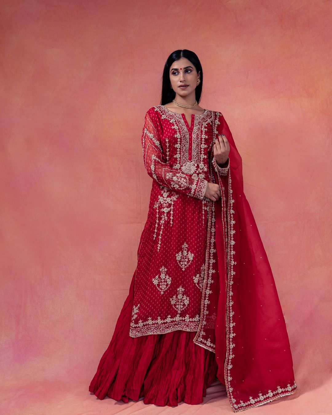 Gulab- Straight Bandhani Kurta Paired With A Crushed Chanderi Lehenga - NAMEH by Amreen