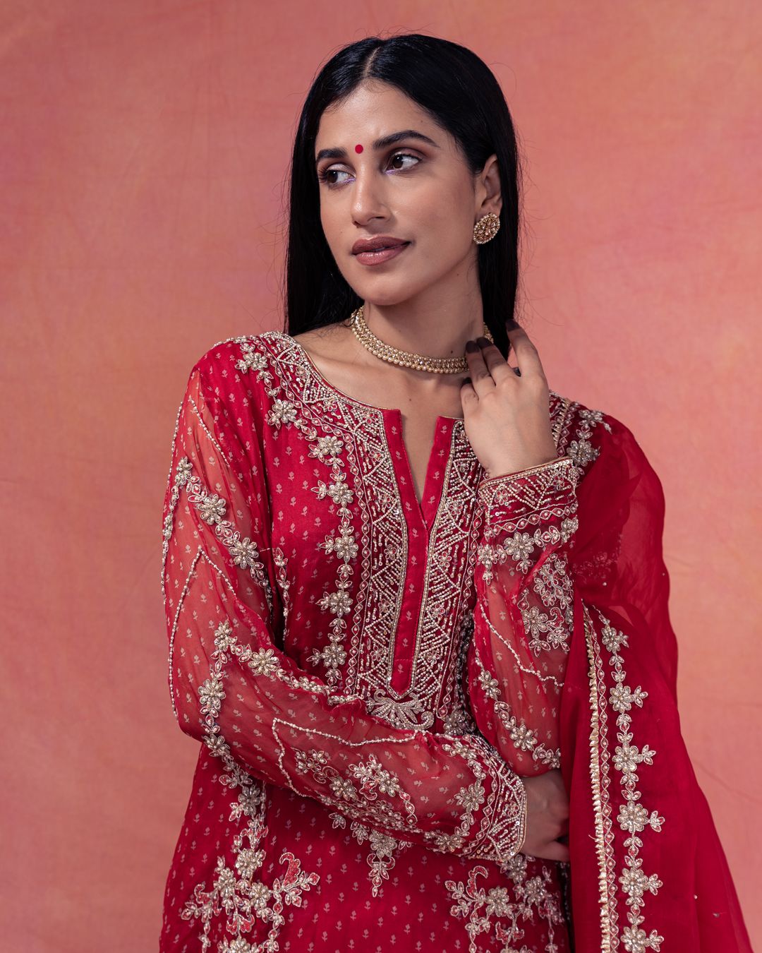 Gulab- Straight Bandhani Kurta Paired With A Crushed Chanderi Lehenga - NAMEH by Amreen