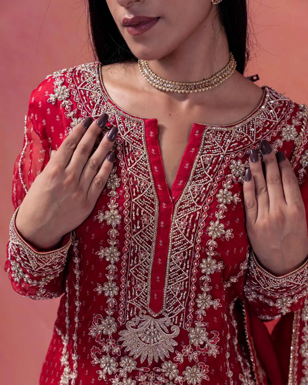Gulab- Straight Bandhani Kurta Paired With A Crushed Chanderi Lehenga - NAMEH by Amreen