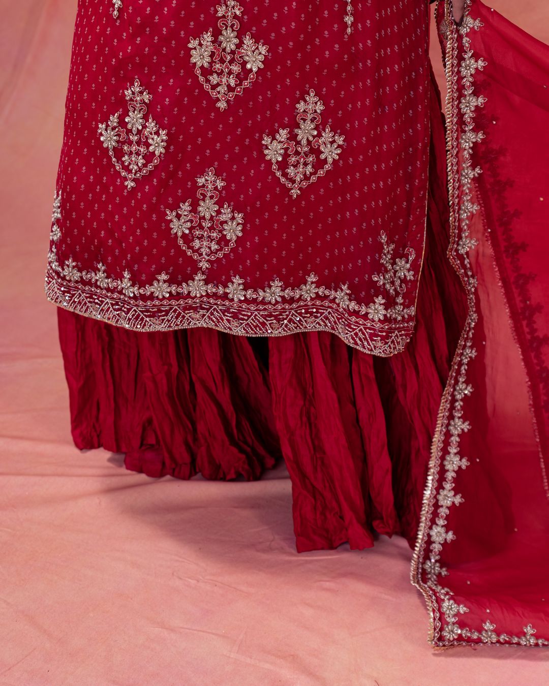 Gulab- Straight Bandhani Kurta Paired With A Crushed Chanderi Lehenga - NAMEH by Amreen