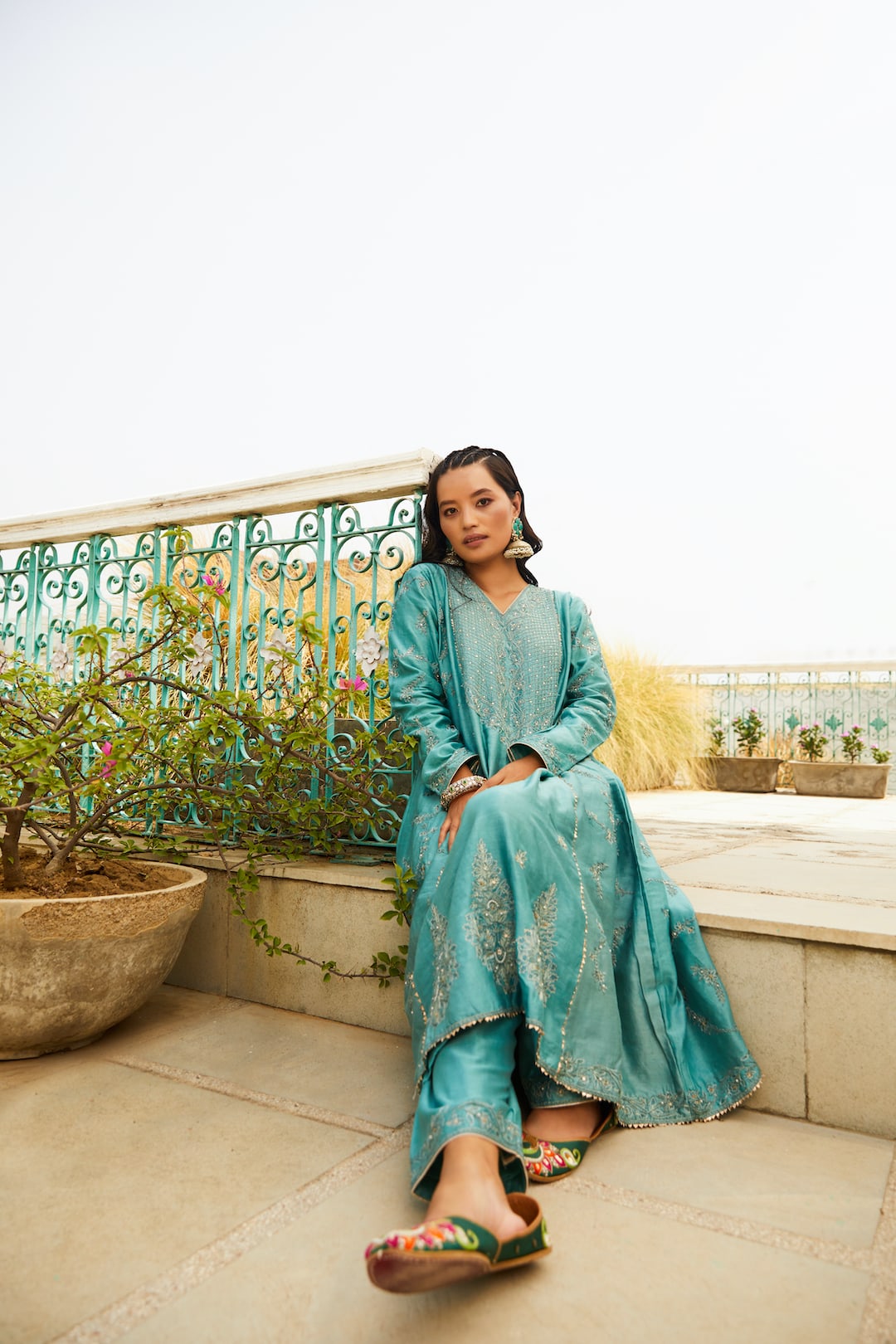 Green Daisy V Neck Kalidar Set - Nameh by Amreen