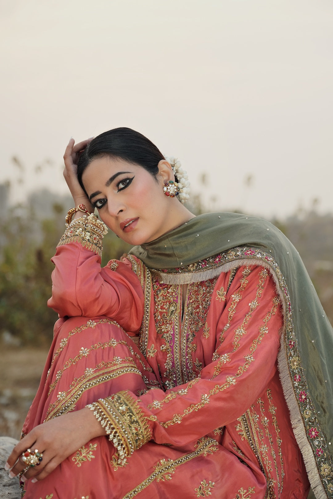 A peach & Green Anarkali style silk kalidar set - Rajji - NAMEH by Amreen