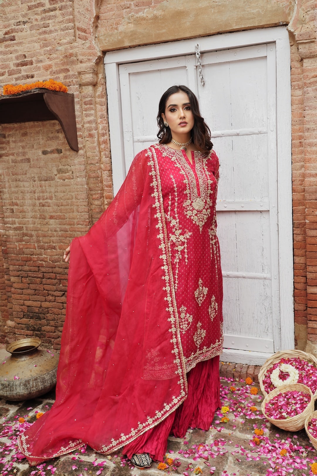Gulab- Straight Bandhani Kurta Paired With A Crushed Chanderi Lehenga - NAMEH by Amreen