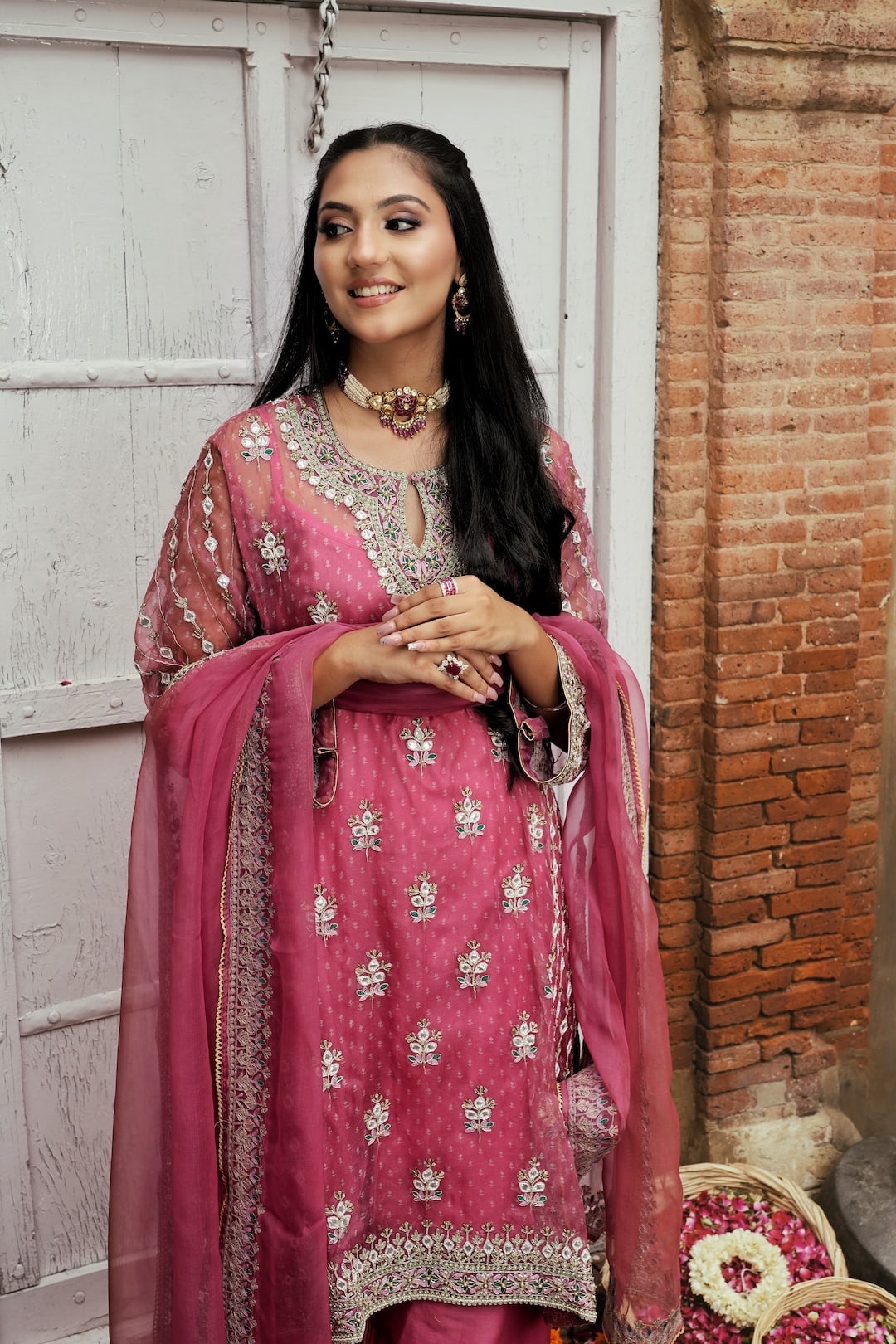 Roshni- Pink Bandhani Choga Set Paired With A Straight Plazzo - NAMEH by Amreen