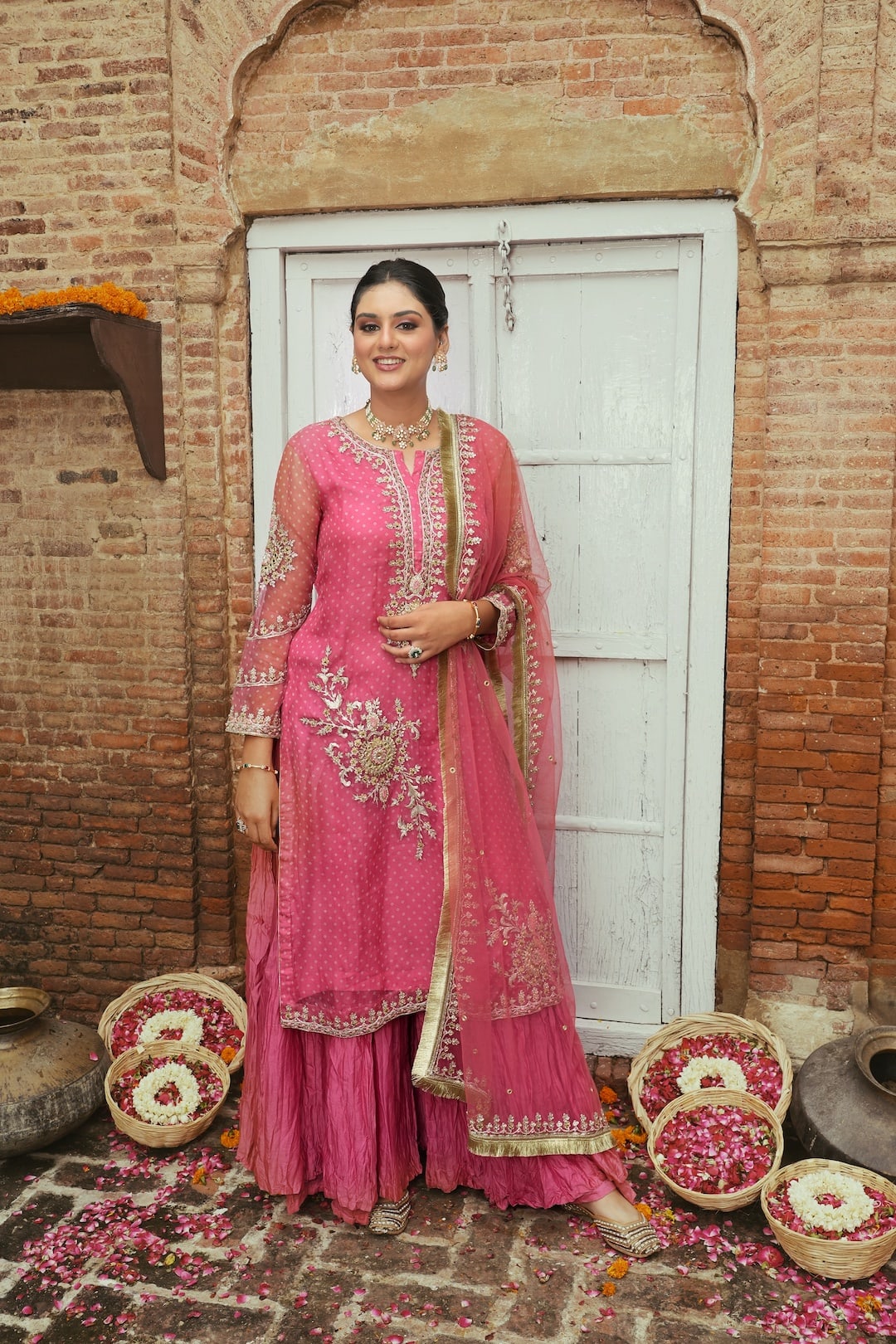 Gulkand- Straight Bandhani Kurta Paired With A Crushed Sharara - NAMEH by Amreen