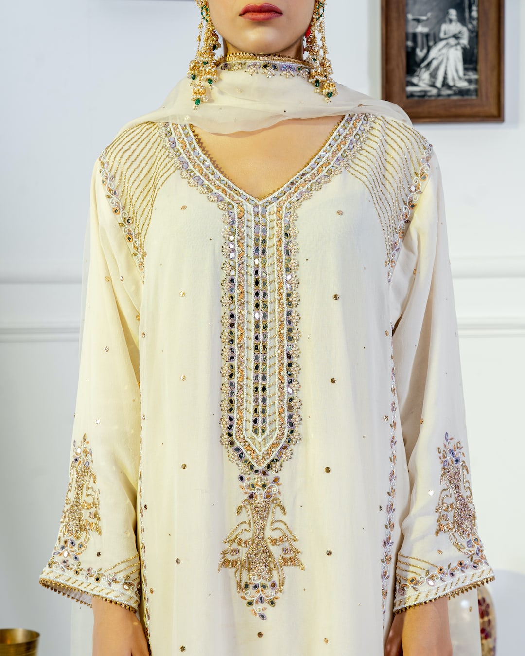 Ivory Embroidered Choga Kurta set - Nameh by Amreen