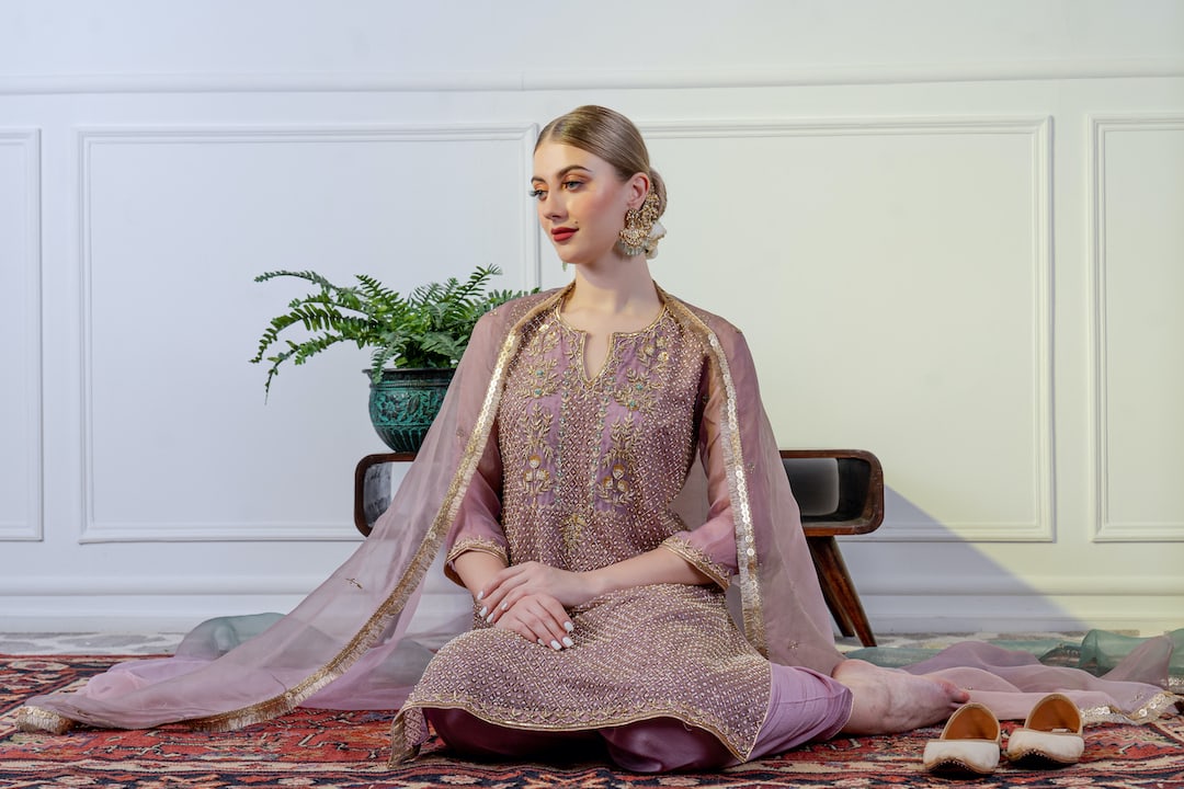 Lavender Zardosi Embroidered Kurta set - Nameh by Amreen