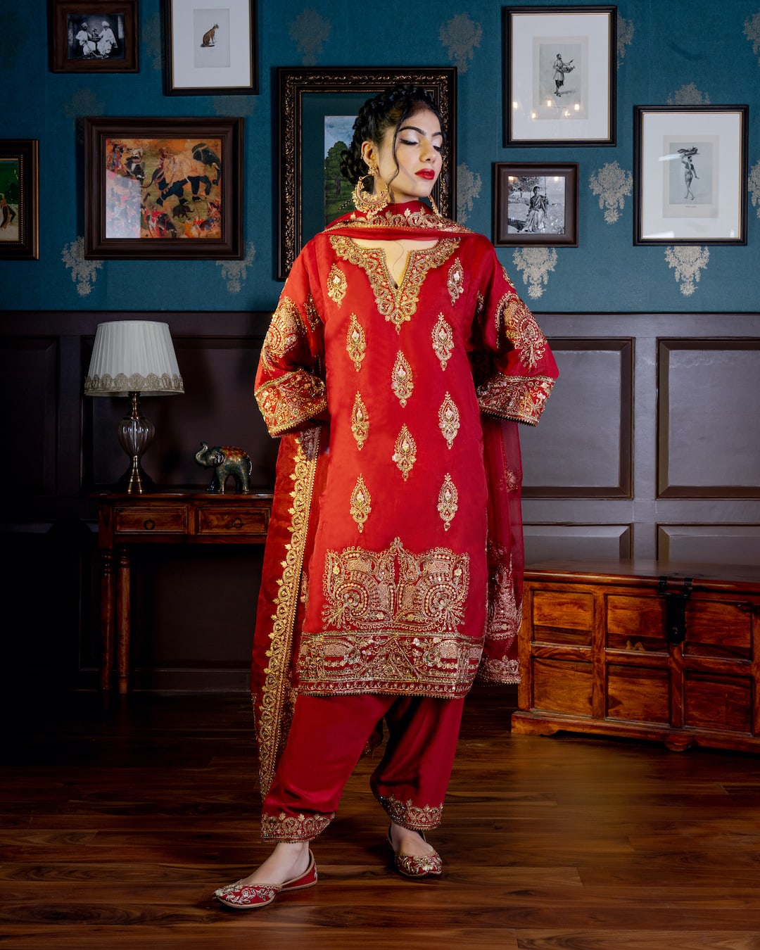 Red Embroidered Choga Kurta Set - Nameh by Amreen