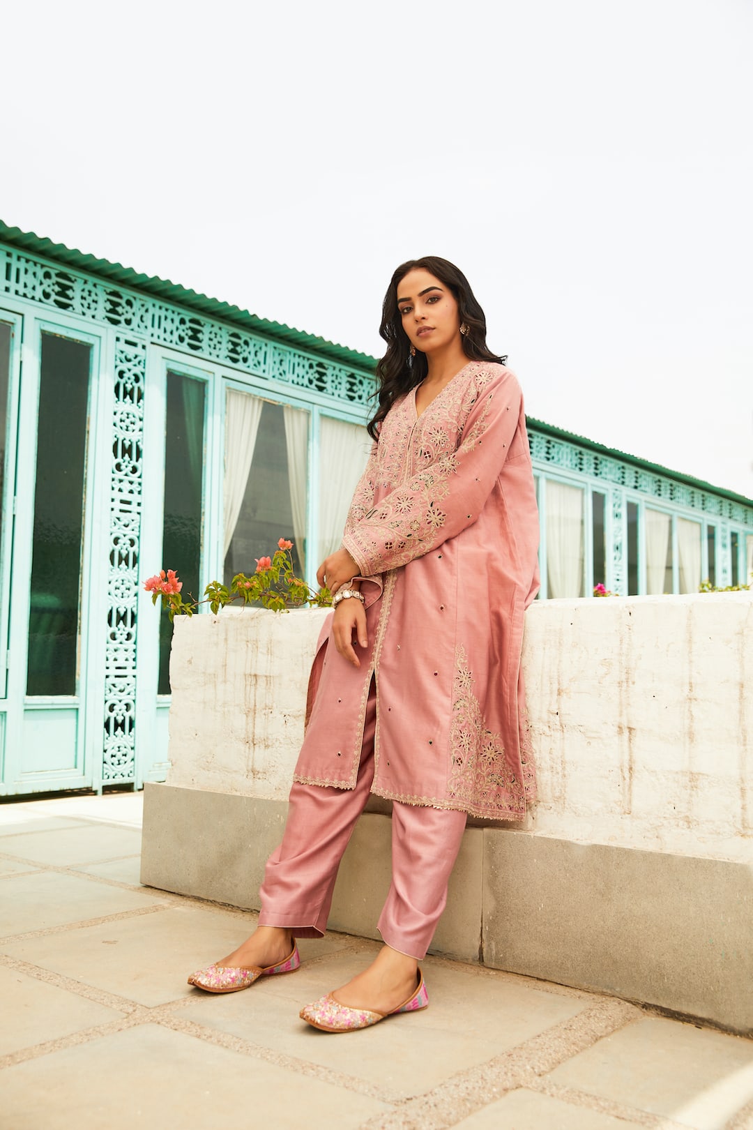Roses Pink Front Open Kalidar Choga Set - Nameh by Amreen