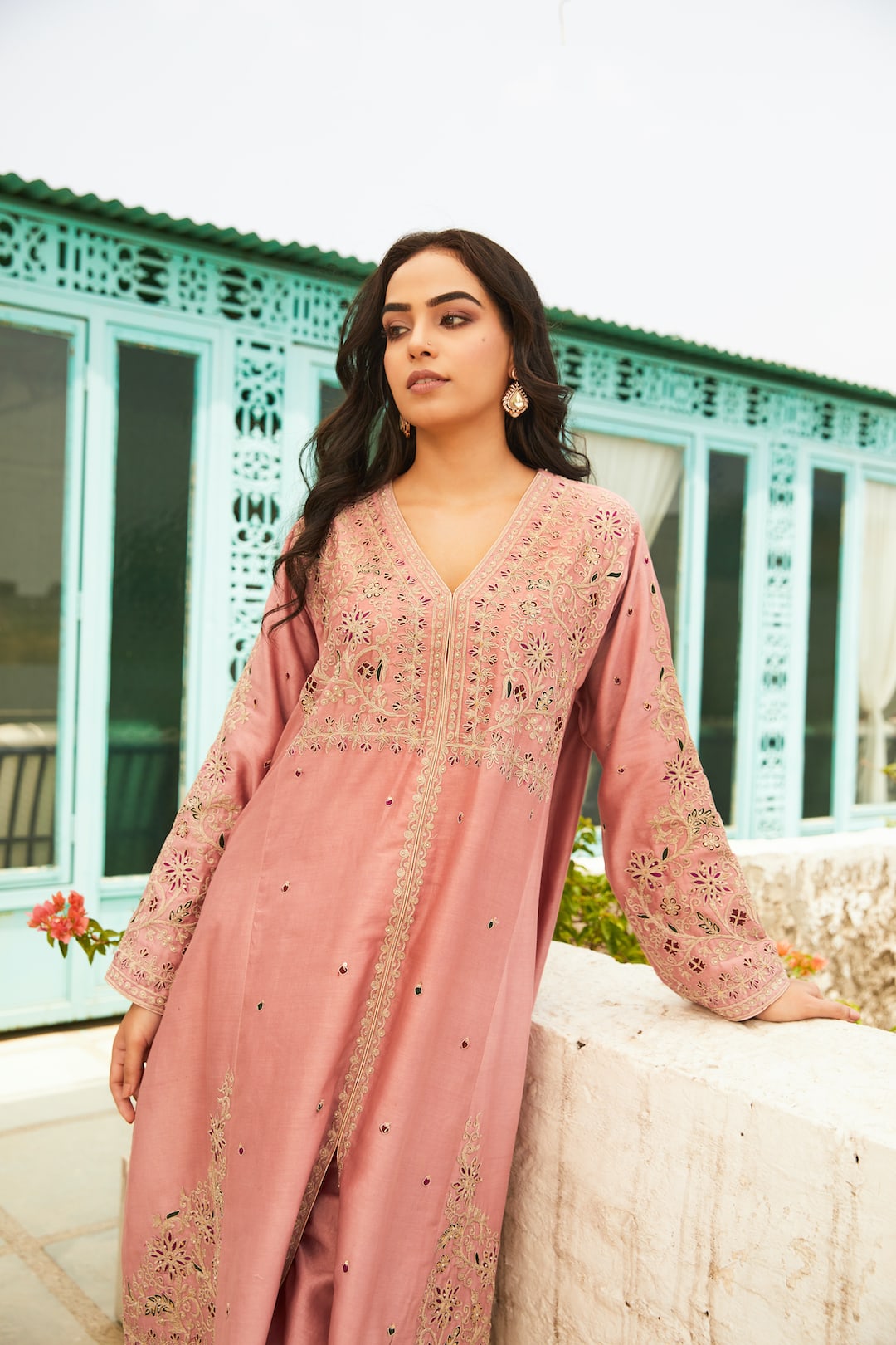 Roses Pink Front Open Kalidar Choga Set - Nameh by Amreen