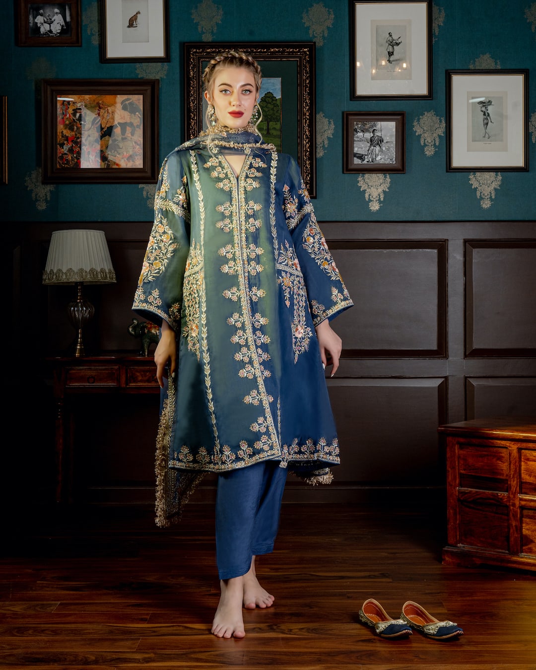 Blue embroidered choga Anarkali Set - Nameh by Amreen