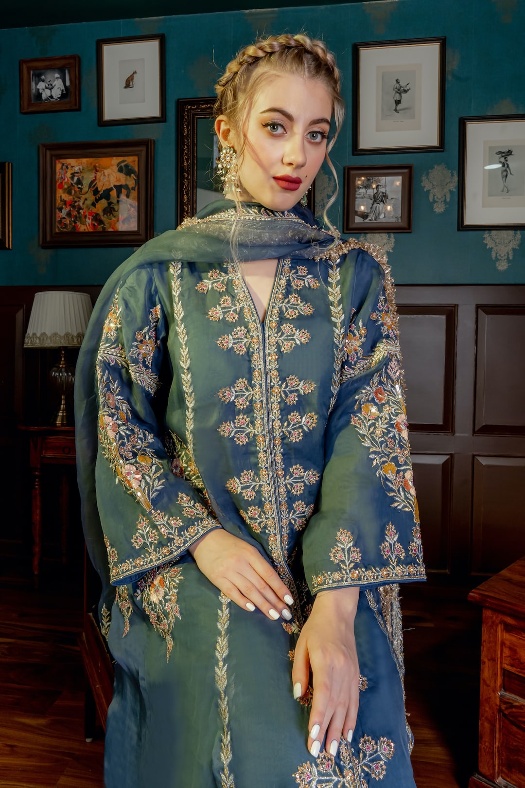 Blue embroidered choga Anarkali Set - Nameh by Amreen