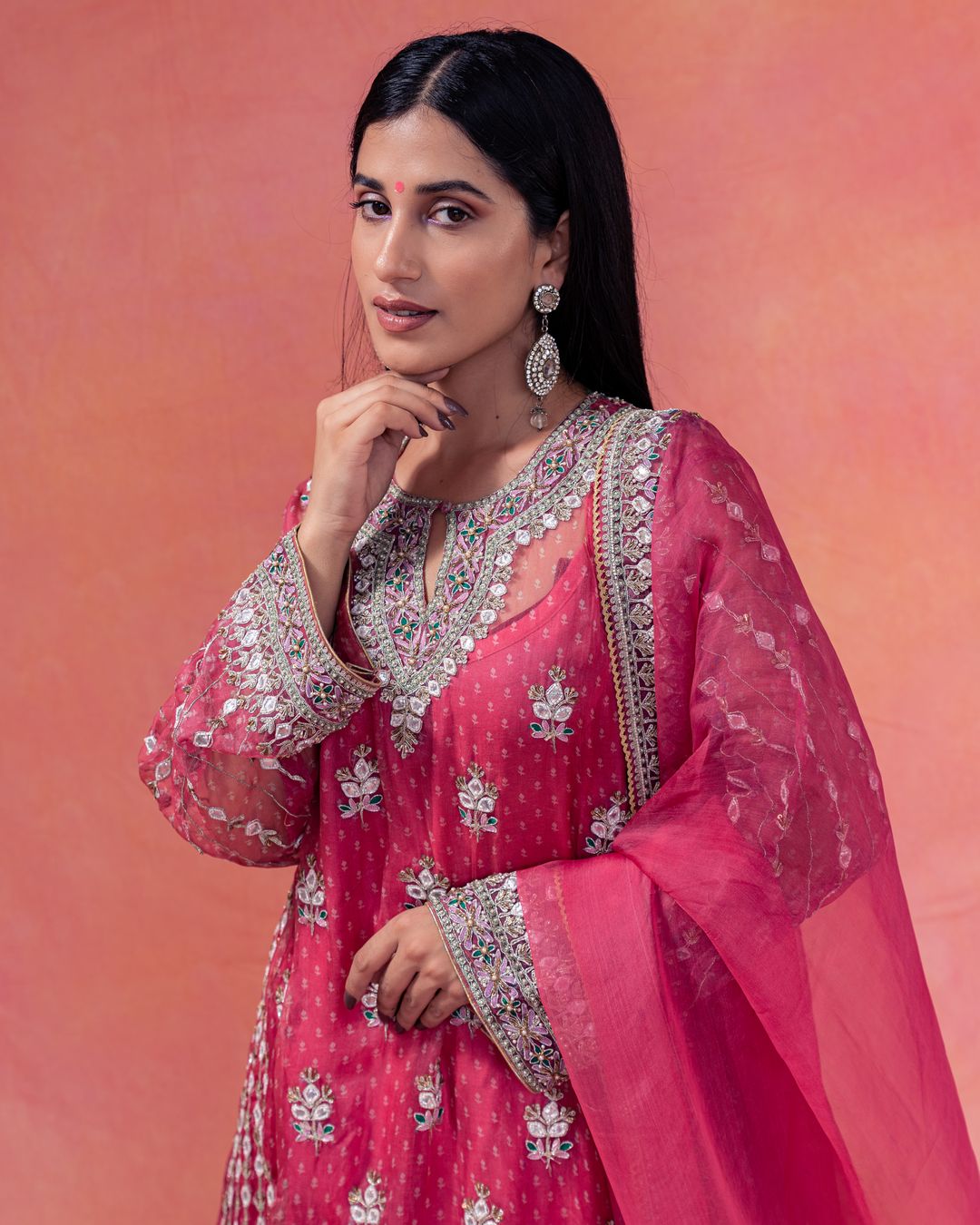 Roshni- Pink Bandhani Choga Set  Paired With A Straight Plazzo - NAMEH by Amreen