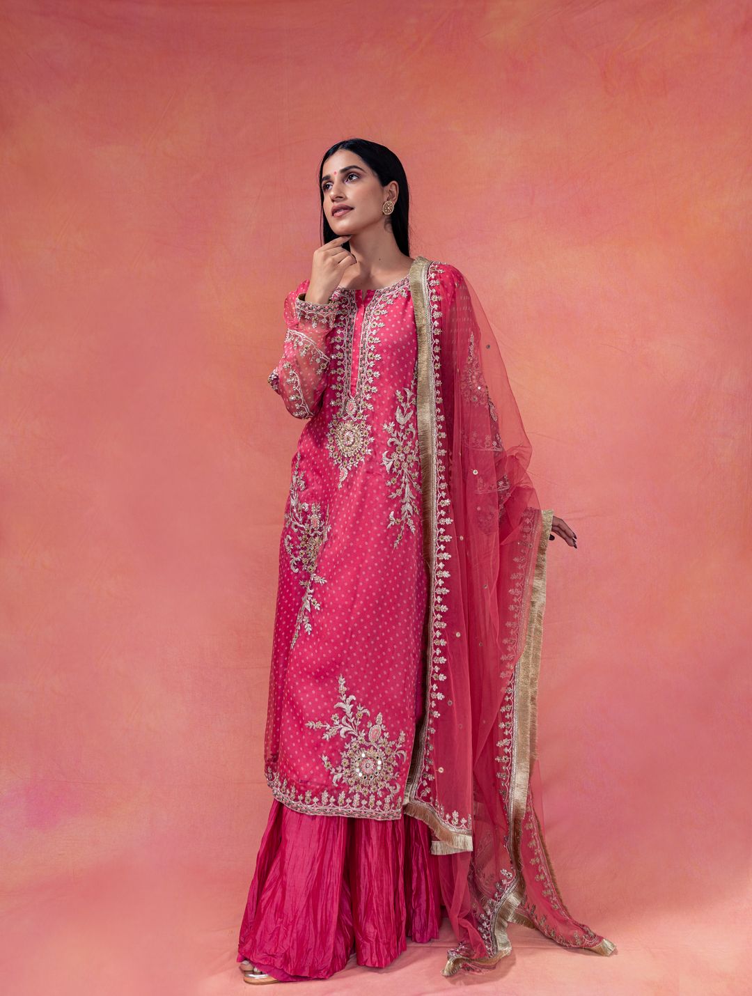 Gulkand- Straight Bandhani Kurta Paired With A Crushed Sharara - NAMEH by Amreen
