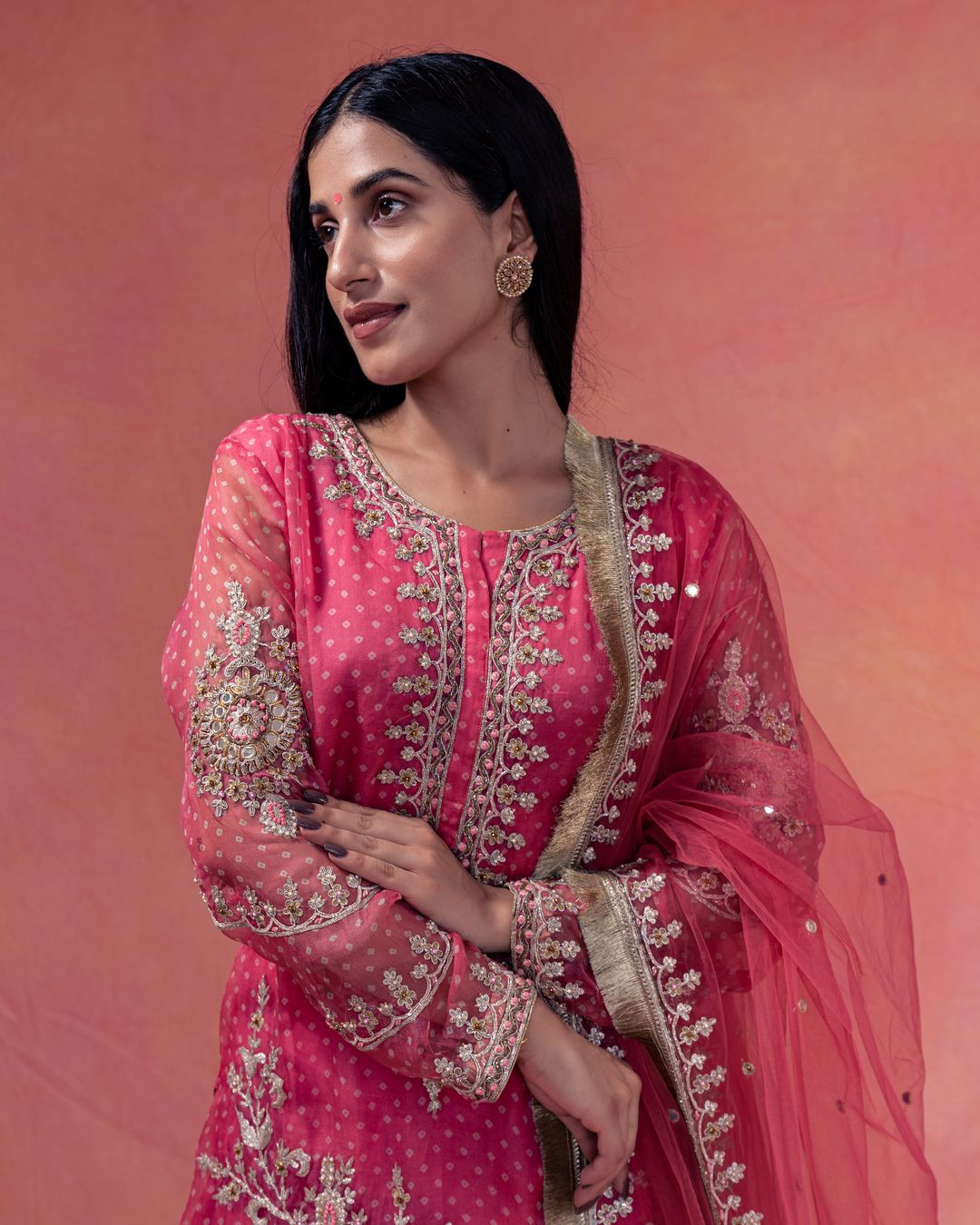 Gulkand- Straight Bandhani Kurta Paired With A Crushed Sharara - NAMEH by Amreen