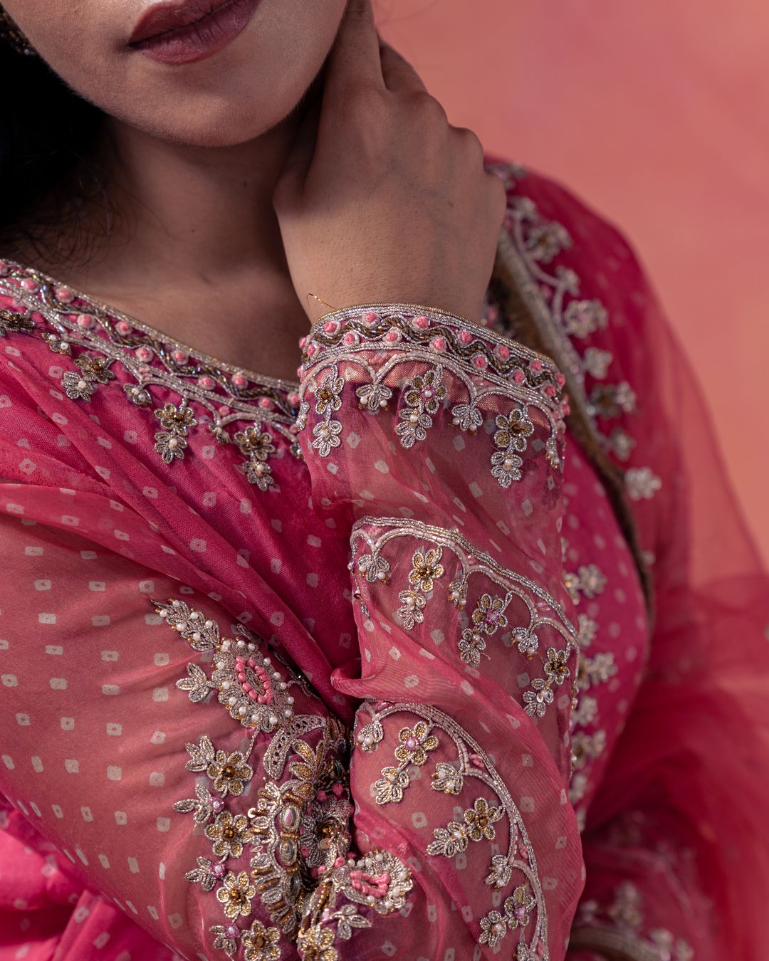 Gulkand- Straight Bandhani Kurta Paired With A Crushed Sharara - NAMEH by Amreen