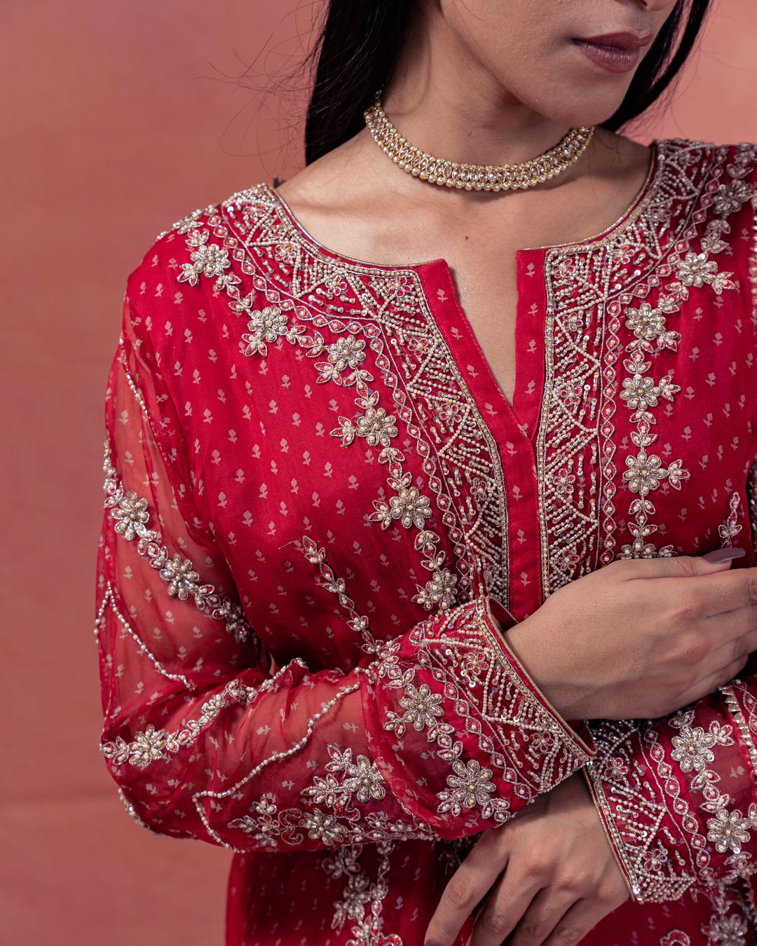 Gulab- Straight Bandhani Kurta  Paired With A Crushed Chanderi Lehenga - NAMEH by Amreen
