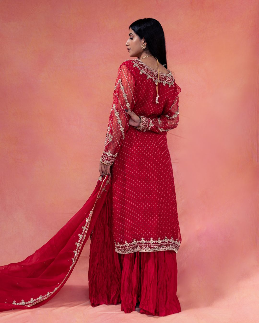 Gulab- Straight Bandhani Kurta  Paired With A Crushed Chanderi Lehenga - NAMEH by Amreen