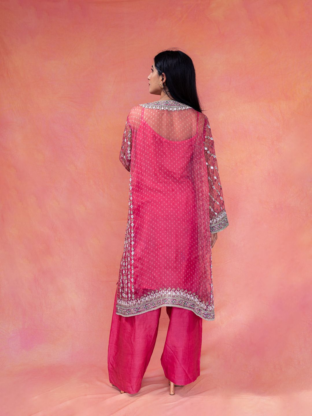 Roshni- Pink Bandhani Choga Set  Paired With A Straight Plazzo - NAMEH by Amreen