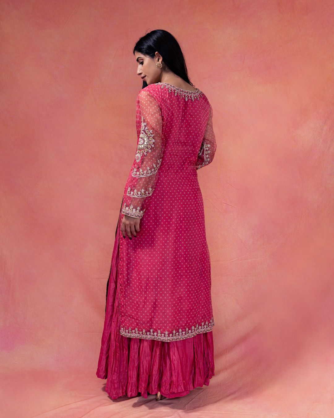 Gulkand- Straight Bandhani Kurta Paired With A Crushed Sharara - NAMEH by Amreen