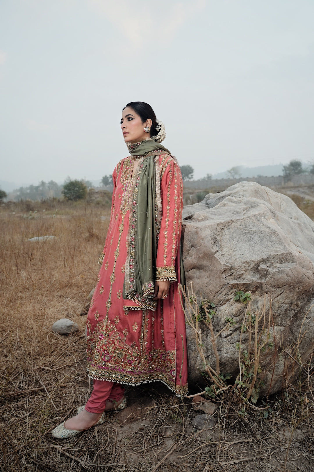 A peach & Green Anarkali style silk kalidar set - Rajji - NAMEH by Amreen