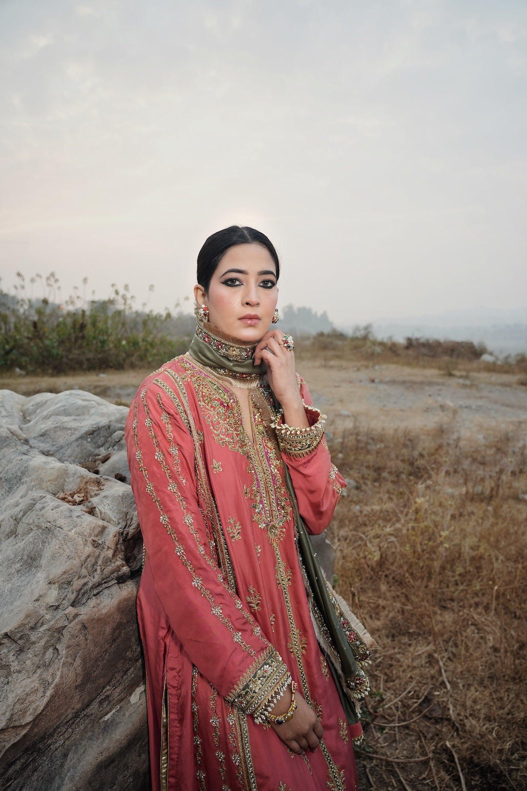 A peach & Green Anarkali style silk kalidar set - Rajji - NAMEH by Amreen