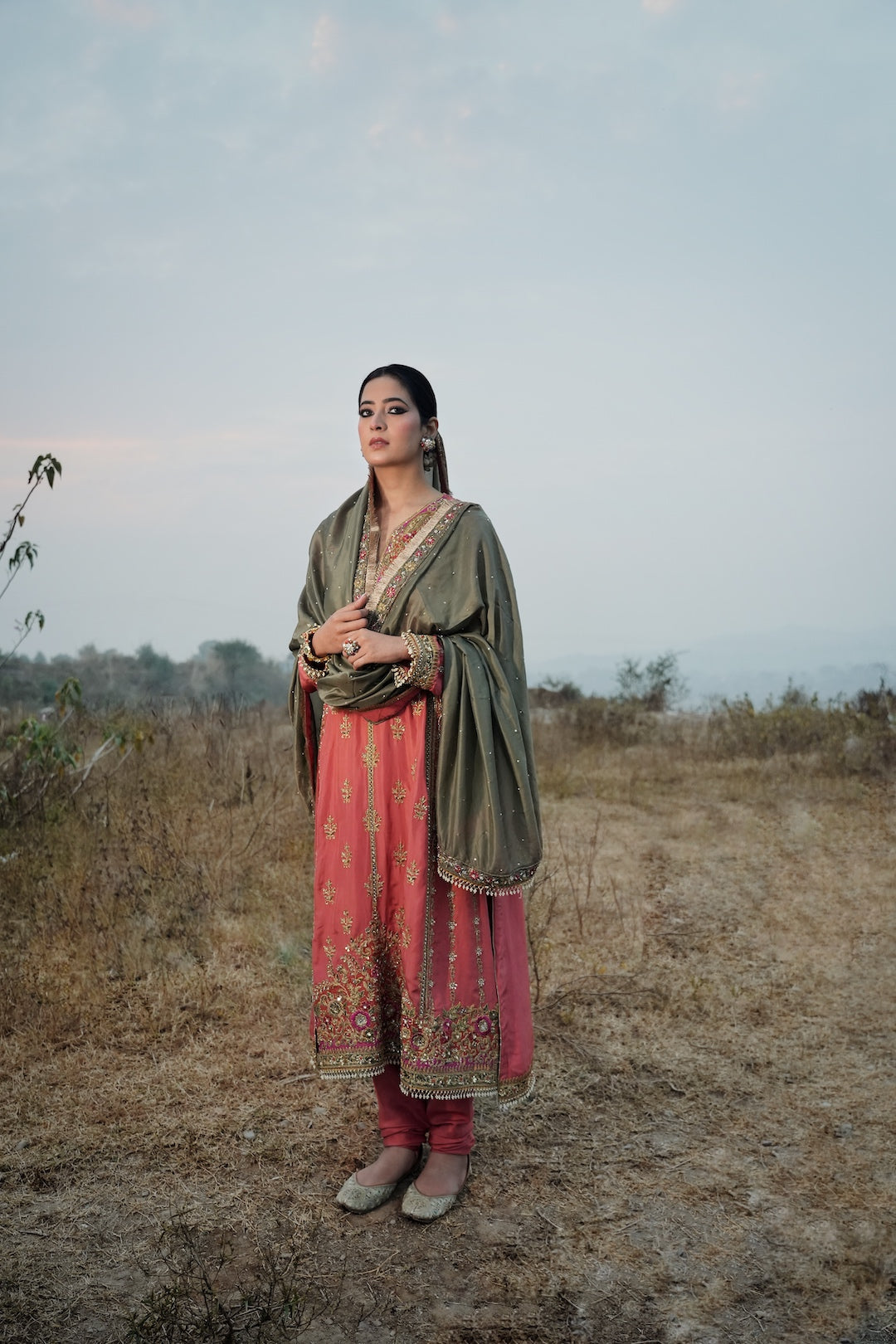 A peach & Green Anarkali style silk kalidar set - Rajji - NAMEH by Amreen