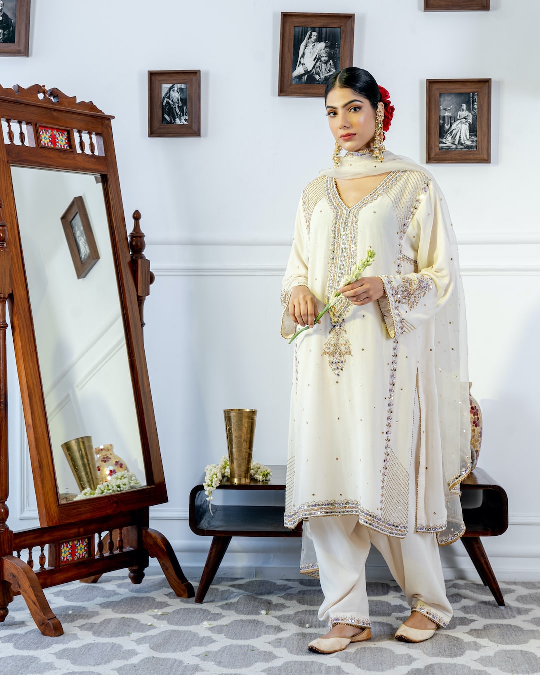 Ivory Embroidered Choga Kurta set - Nameh by Amreen