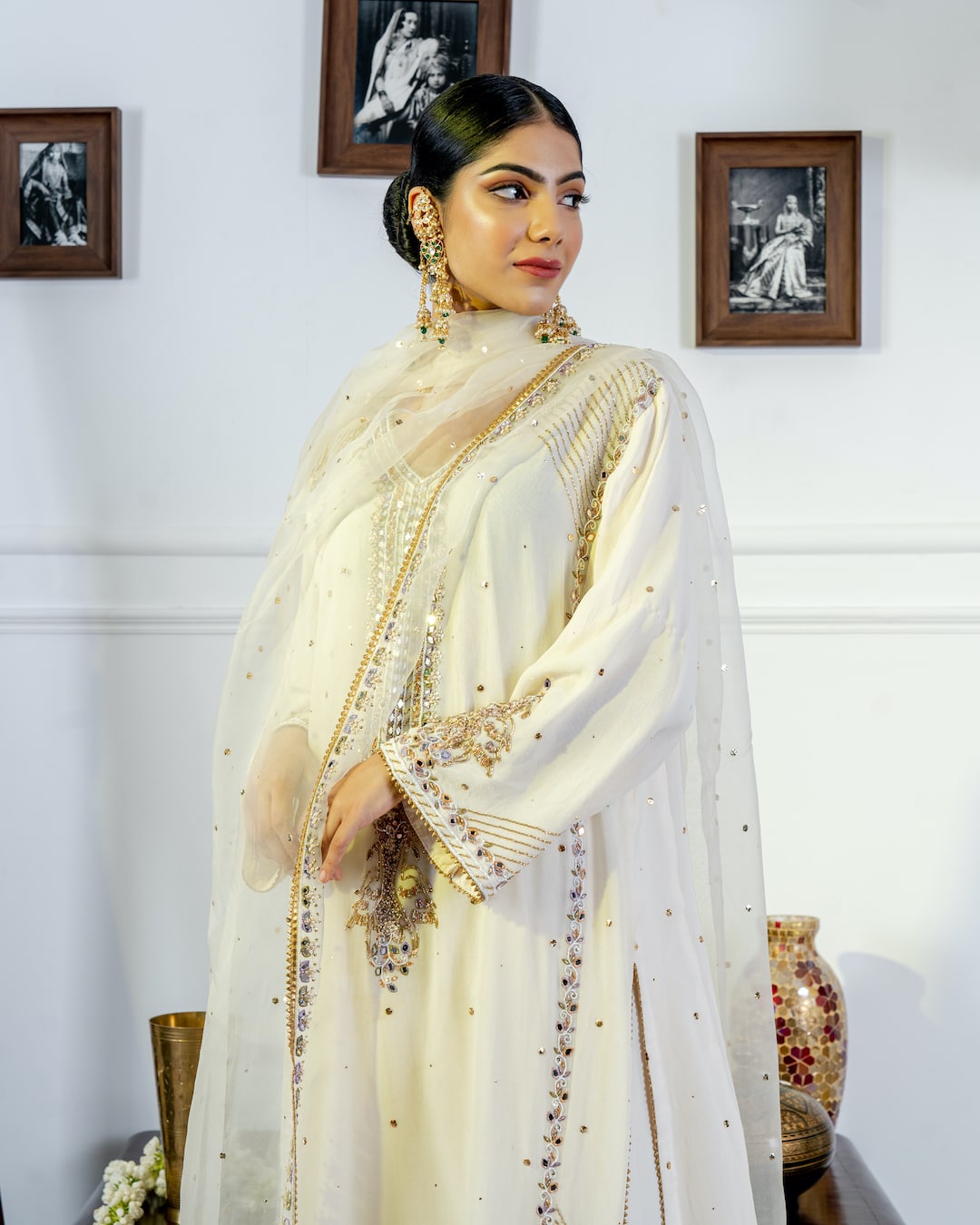 Ivory Embroidered Choga Kurta set - Nameh by Amreen