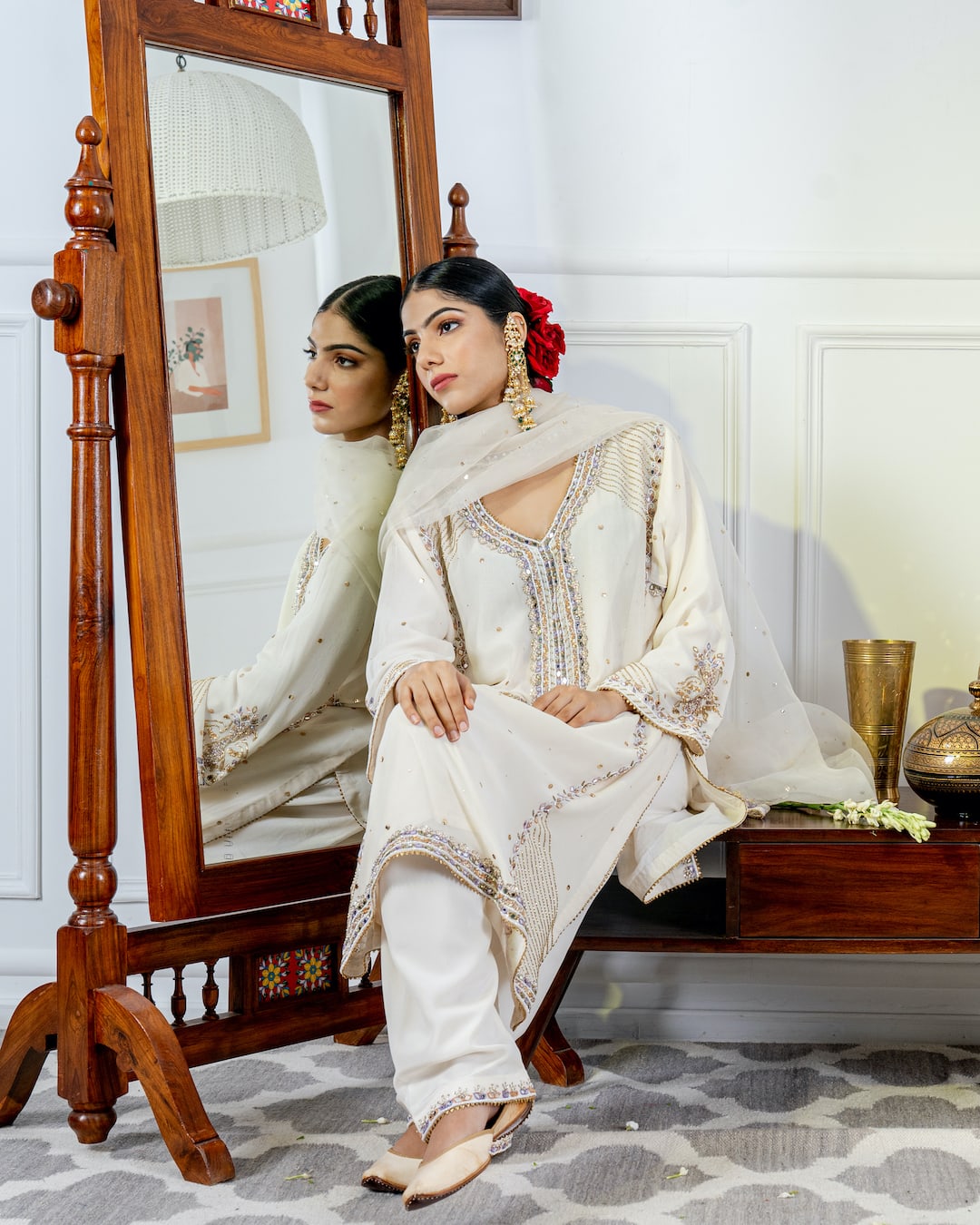Ivory Embroidered Choga Kurta set - Nameh by Amreen