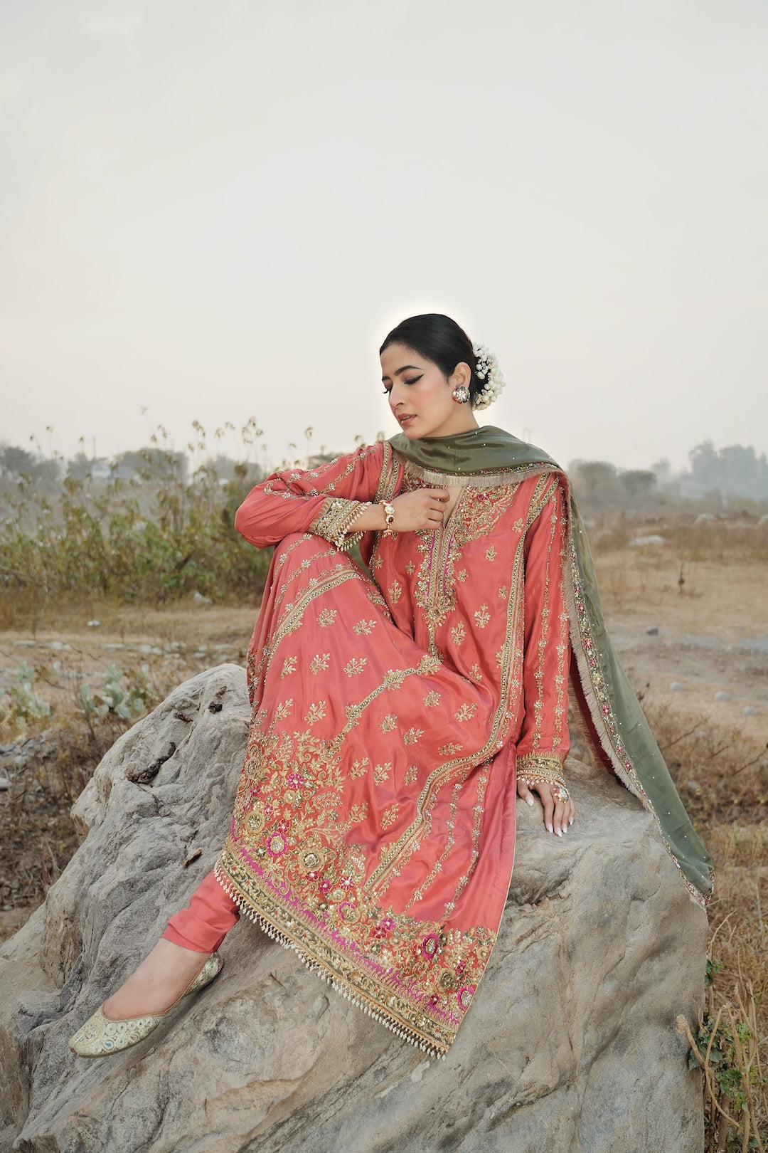 A peach & Green Anarkali style silk kalidar set - Rajji - NAMEH by Amreen