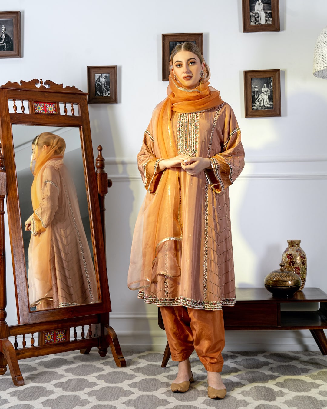 Peach Orange Embroidered Broidered Choga Anarkali - Nameh by Amreen