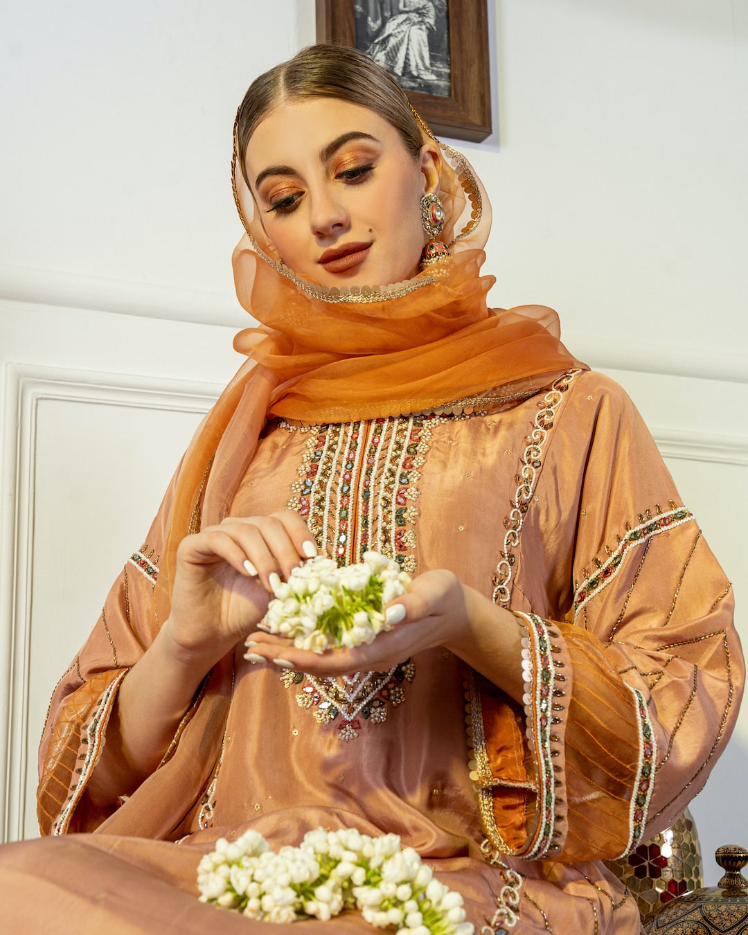 Peach Orange Embroidered Broidered Choga Anarkali - Nameh by Amreen