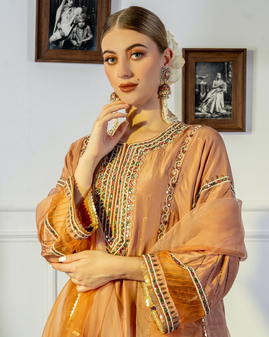 Peach Orange Embroidered Broidered Choga Anarkali - Nameh by Amreen