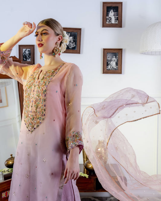 Peach & Lavenderv Ombre Embroidered Kurta Set - Nameh by Amreen