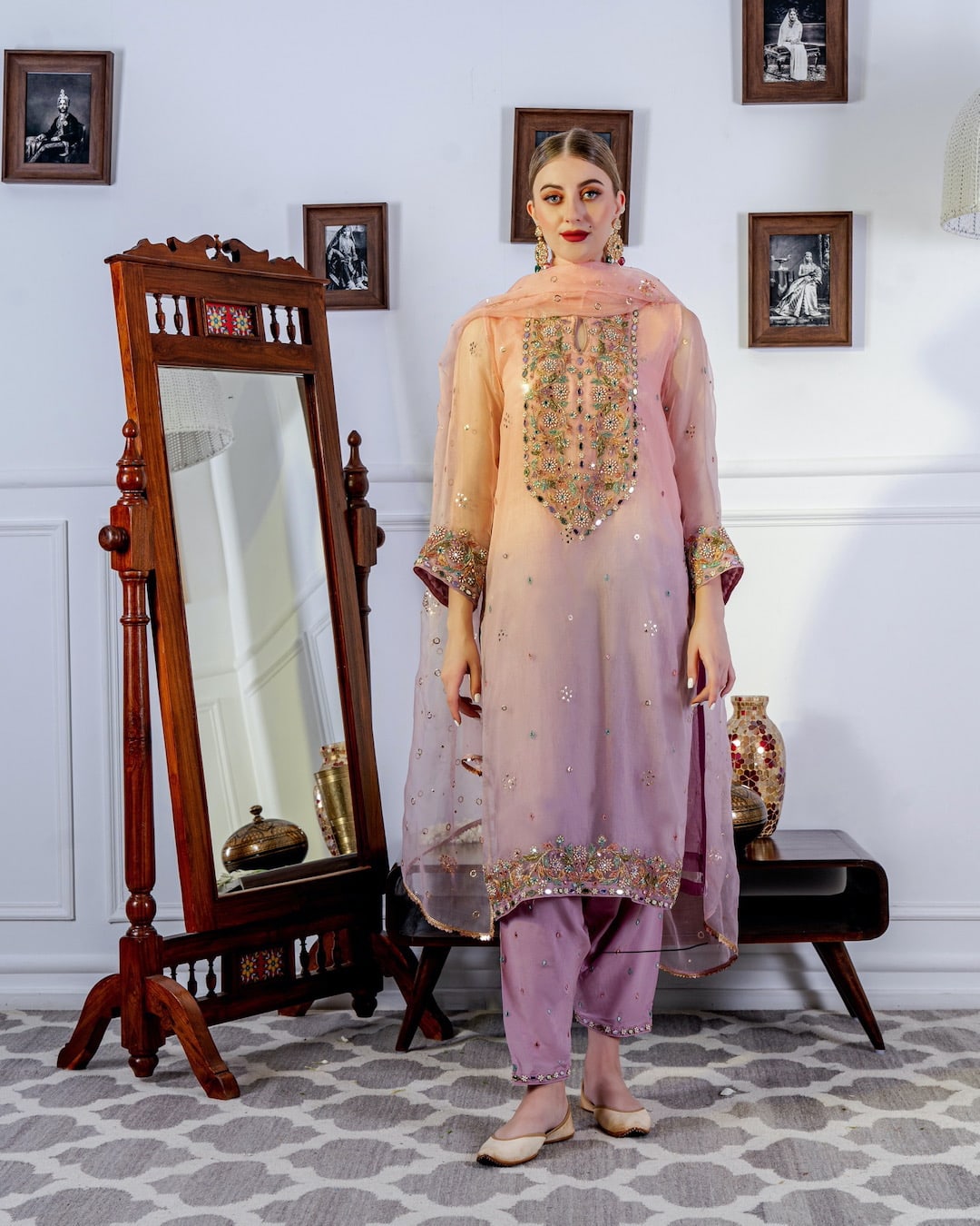 Peach & Lavenderv Ombre Embroidered Kurta Set - Nameh by Amreen