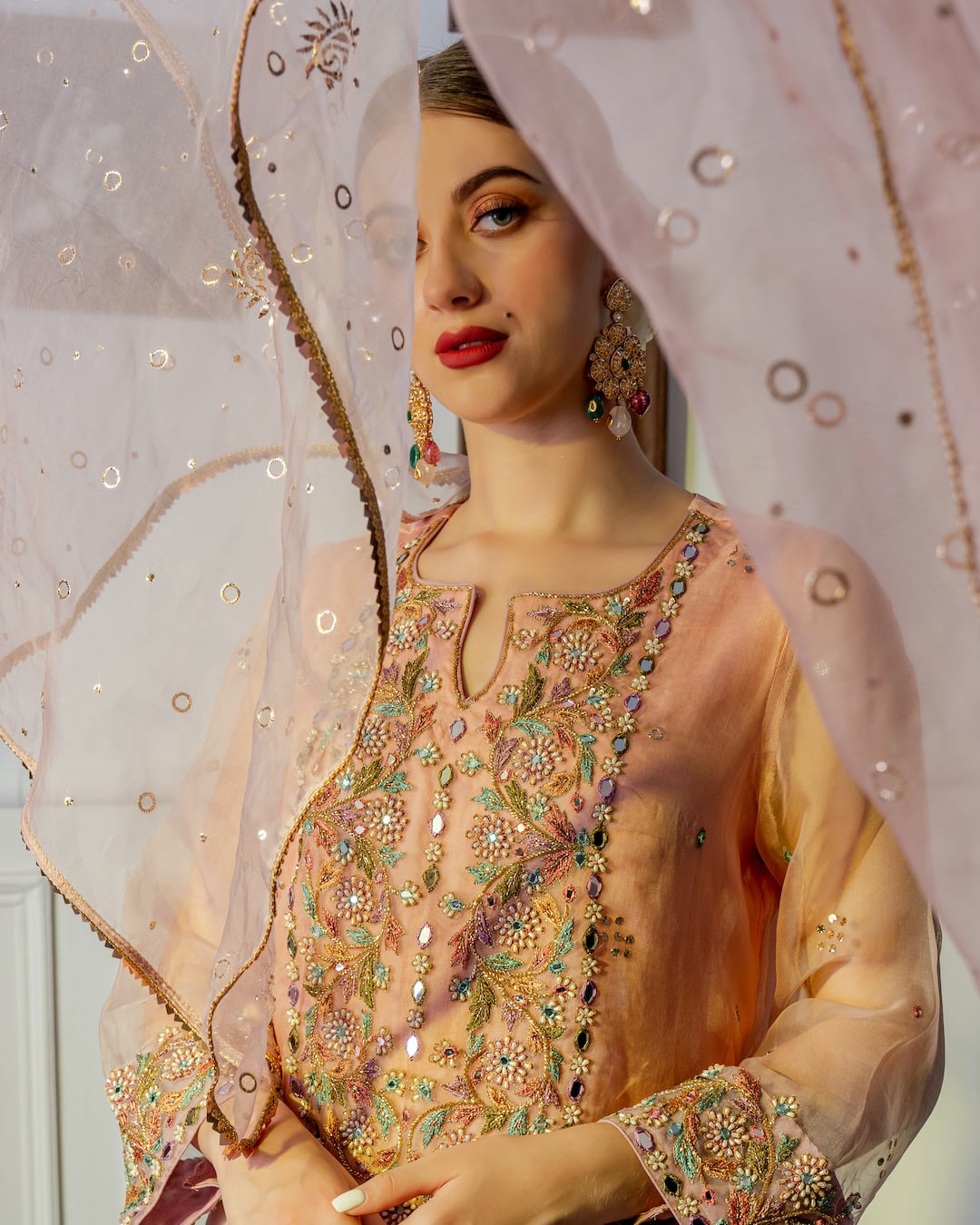 Peach & Lavenderv Ombre Embroidered Kurta Set - Nameh by Amreen