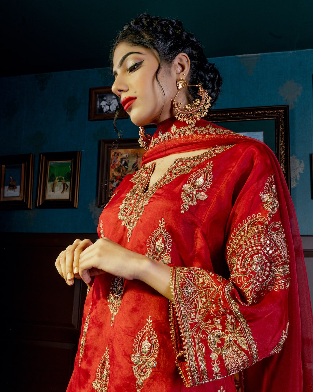Red Embroidered Choga Kurta Set - Nameh by Amreen