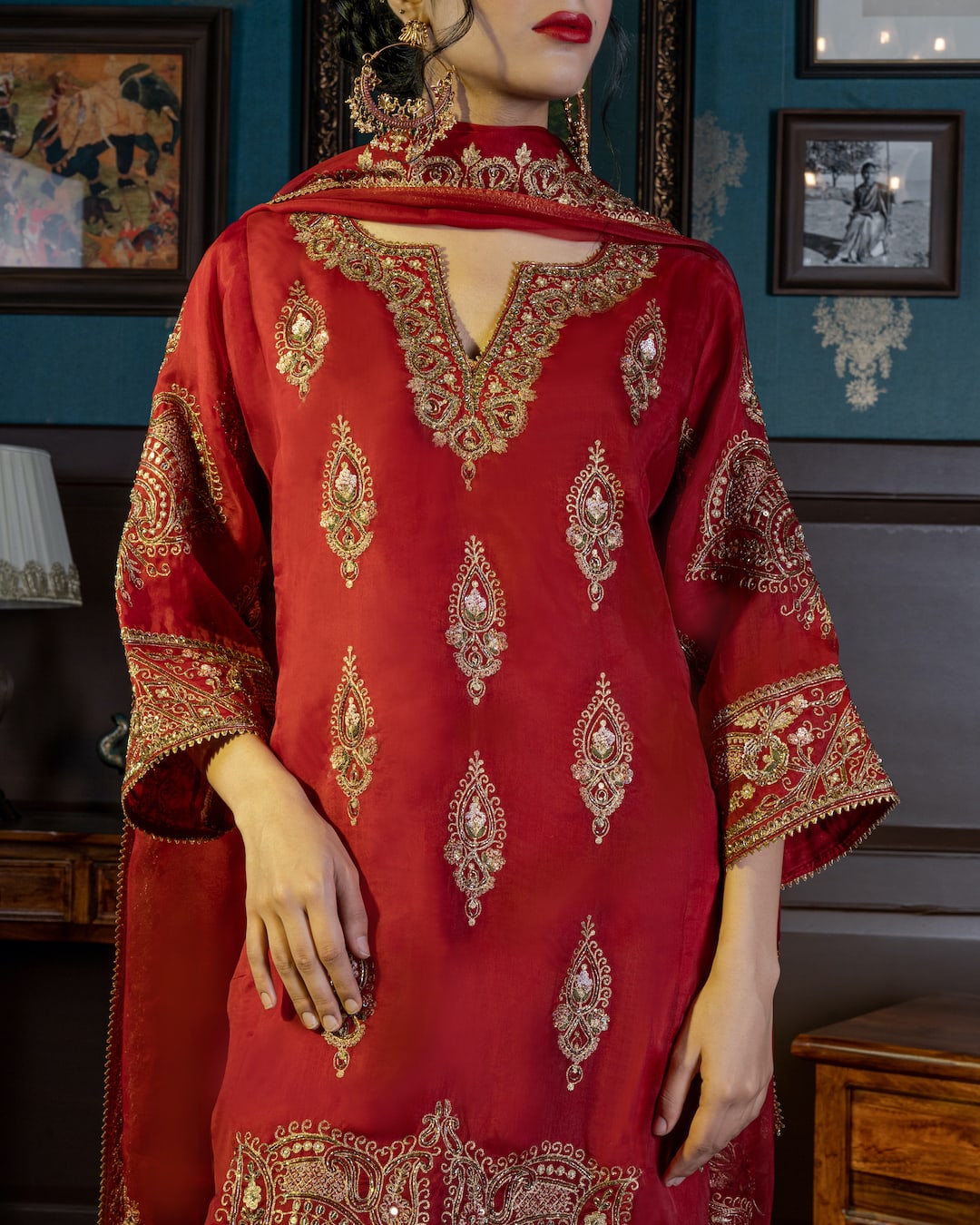 Red Embroidered Choga Kurta Set - Nameh by Amreen