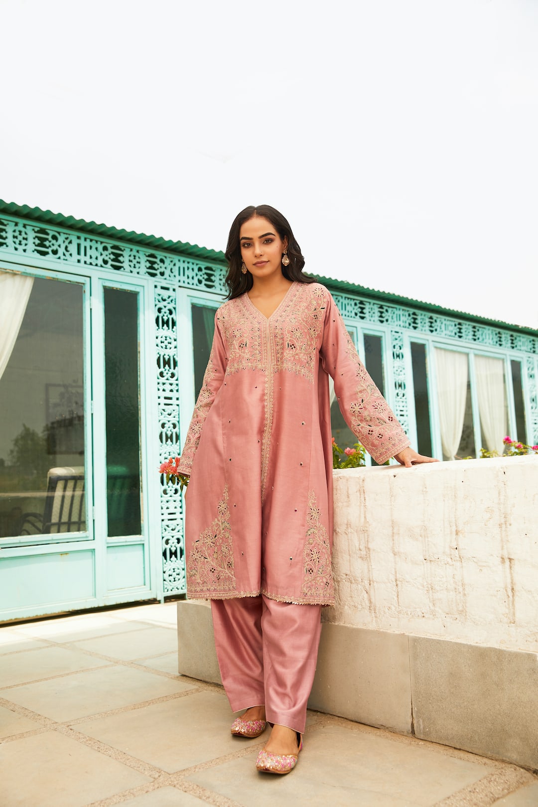 Roses Pink Front Open Kalidar Choga Set - Nameh by Amreen