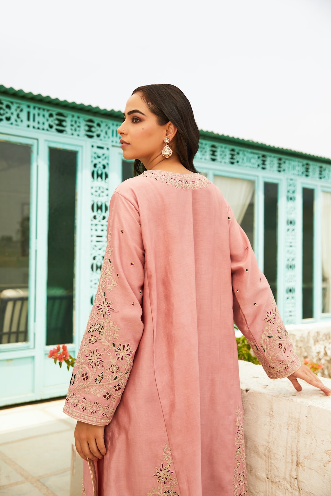 Roses Pink Front Open Kalidar Choga Set - Nameh by Amreen